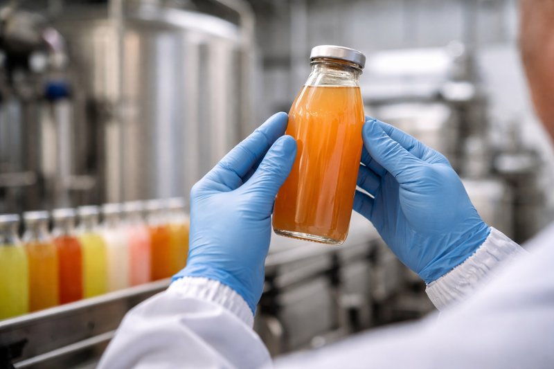 Person inspecting a bottled beverage for clarity and consistency in a production environment
