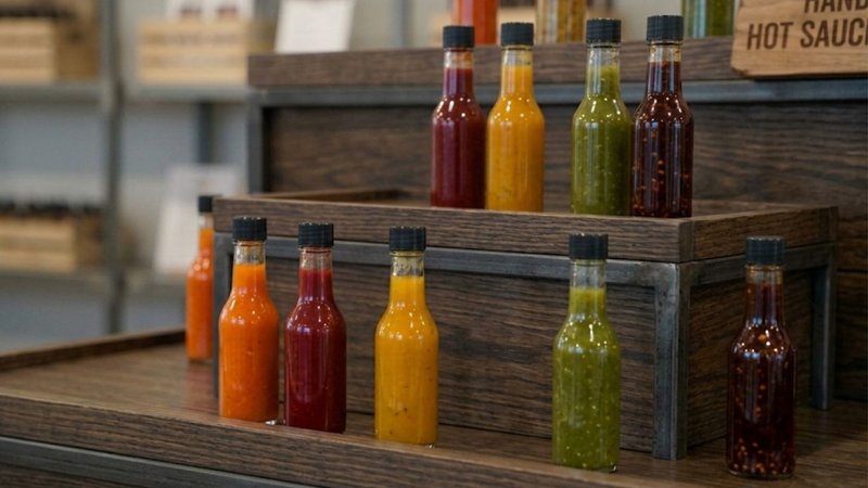 Rows of clear glass bottles filled with various hot sauce on metal trays.
