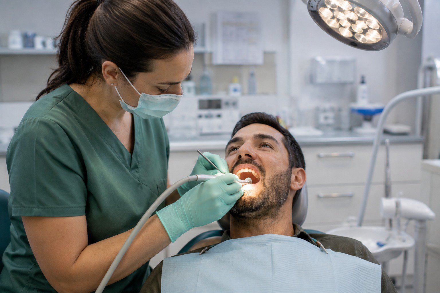 Dentist providing non-opioid pain management during dental treatment