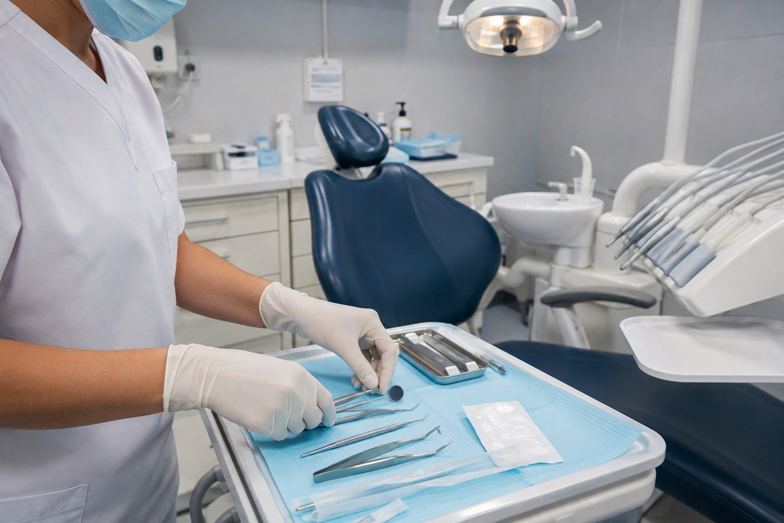 DentalJect applicator ready on the instrument tray while a dentist and assistant prepare the patient for an injection in the background.