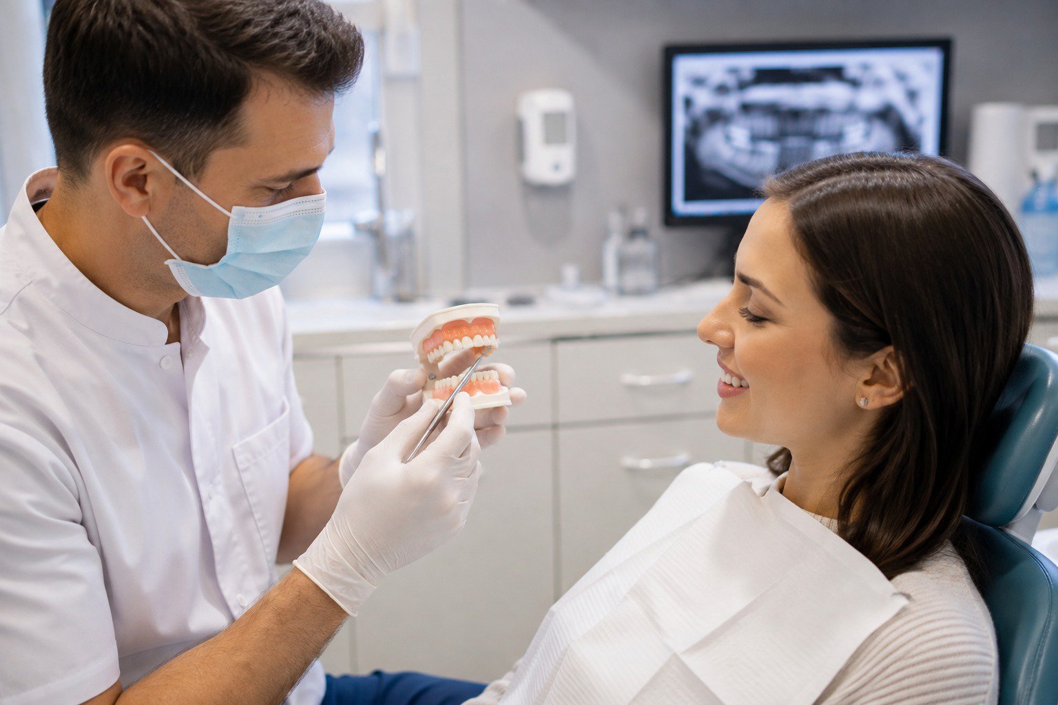 Dental consultation with teeth model