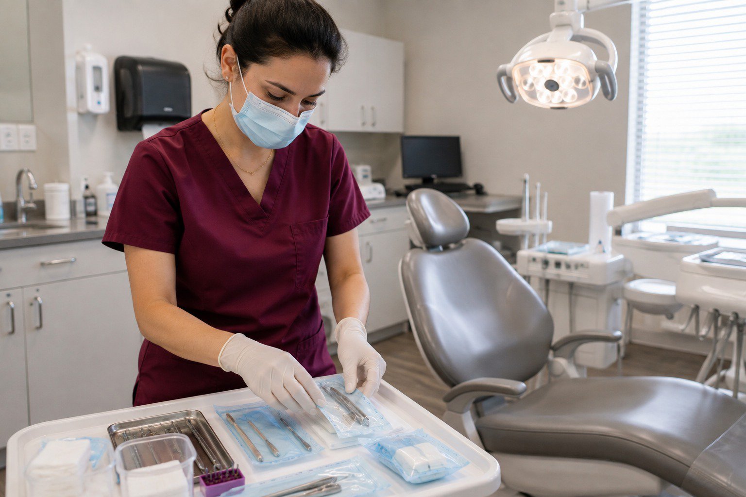 Dental assistant preparing instruments for a safe clinical workflow