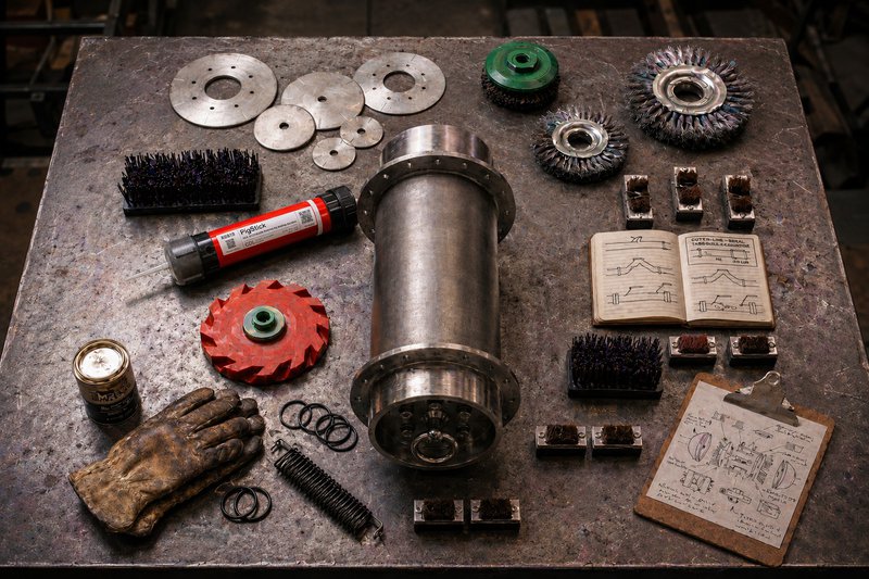 Parts of Pig laid out on the table to ensure pipeline cleaning strategies