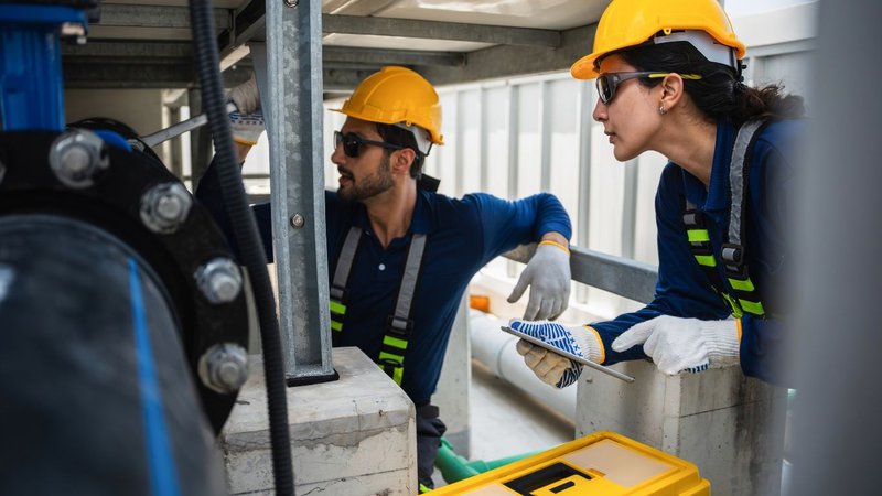 pipeline integrity engineers in safetly harness and hard hats inspecting a pipeline system