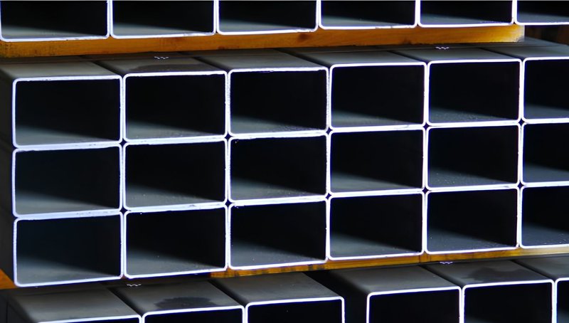 A Deep Dive Into ASTM A500 Standards for Steel Tubing 1 Stacked rectangular metal tubes with a yellow support beam, compliant with ASTM A500.