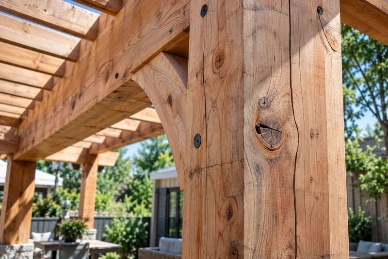 Natural grain knots and seasoning checks visible in exposed Cedar timbers