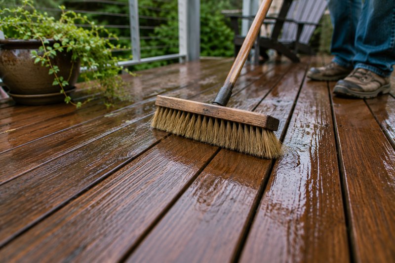 Homeowner sweeping and rinsing an Ipe deck to remove leaves and moisture as part of routine maintenance that helps extend the deck's lifespan in humid conditions.