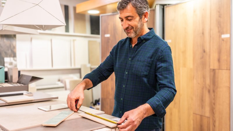 Builder inspecting lumber materials for a residential construction project