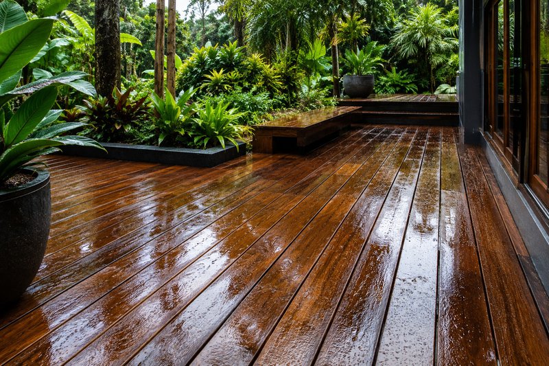 Wet Ipe deck after rainfall surrounded by lush tropical landscaping in a humid outdoor environment.