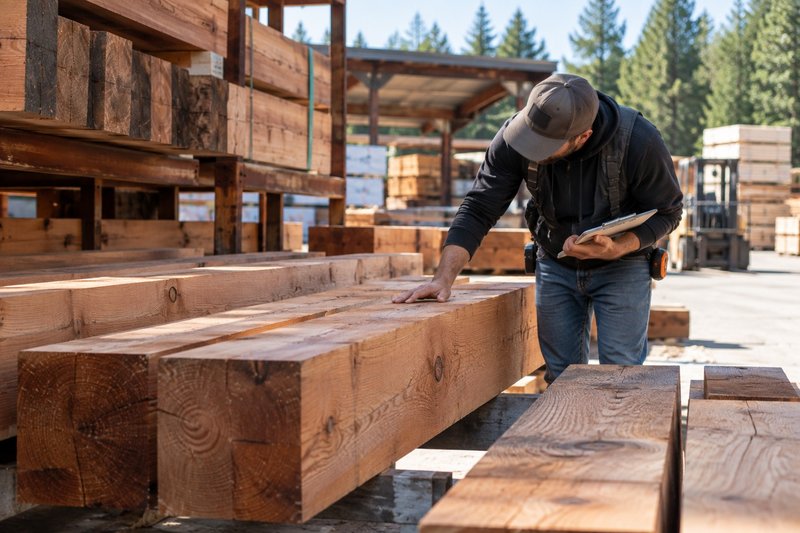 Builder inspecting Cedar timbers before selecting beams for an outdoor structure