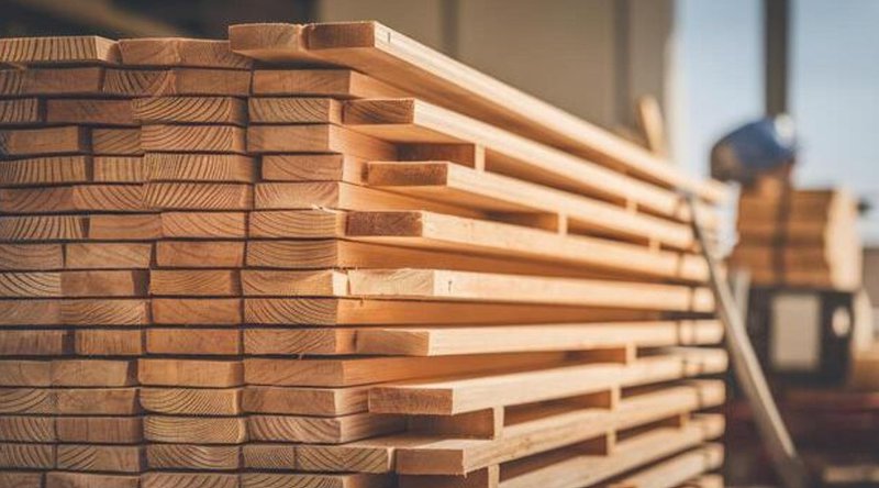 Stacked Douglas fir beams and lumber boards arranged inside a lumberyard warehouse.