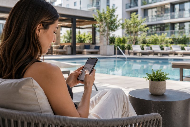 Condo resident using a mobile app to access and manage community amenities