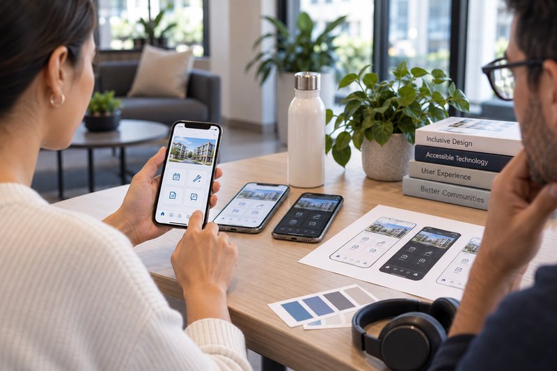 Designer testing mobile accessibility and responsive UI for property management software