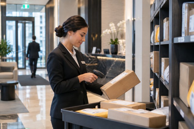 Condo management staff processing resident packages in a residential building package room