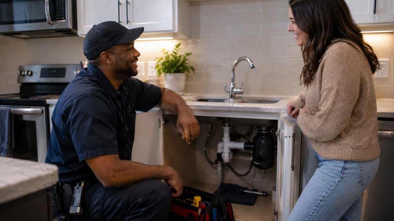 Resident speaking with a property maintenance professional after a successful service request