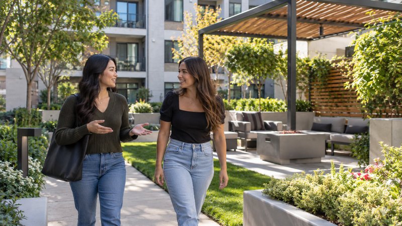 Satisfied resident recommending a well-managed residential community to a prospective renter