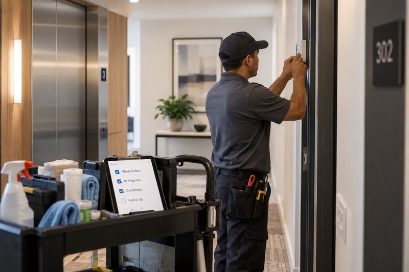 Property maintenance technician completing an automated service request workflow in a residential community