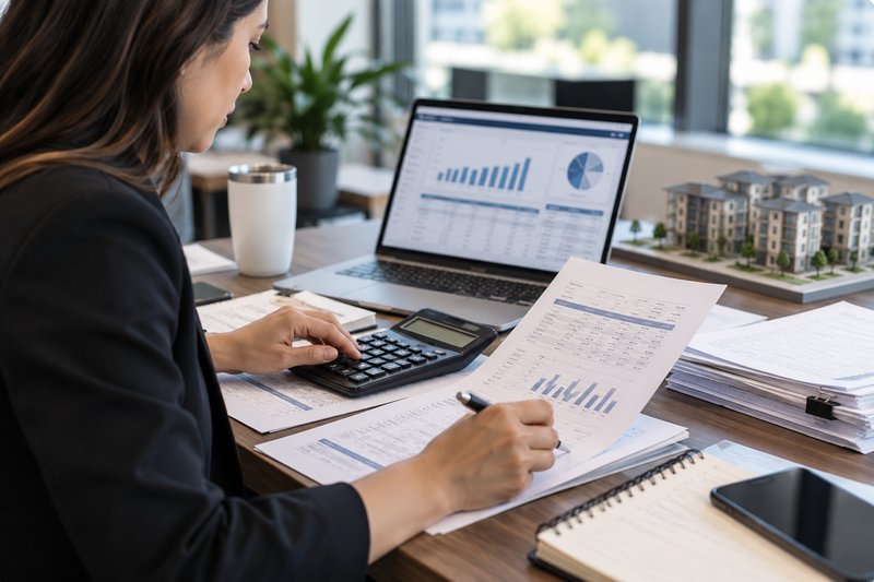 Property management finance staff reconciling HOA payments and community financial records