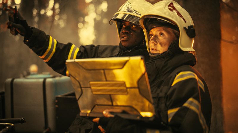 Firefighters conducting an assessment of a working fire