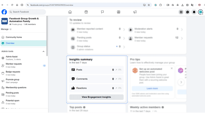 The "Insights Summary" Section is another most imporatnt tab of the facebook group overview.