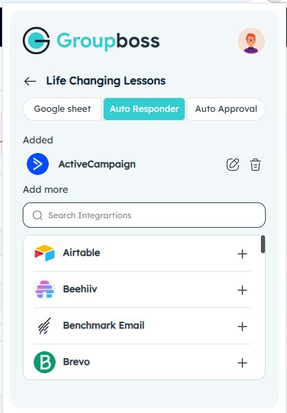 ActiveCampaign should now appear under currently activated autoresponders in the Groupboss extension.
