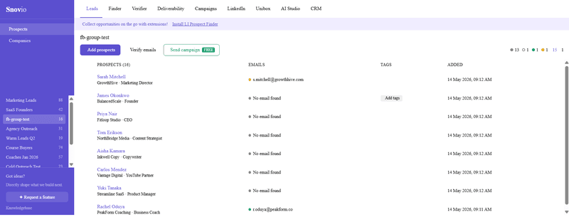 Contacts are stored under the "Prospect Lists" in Snov.io. During the Groupboss integration setup you select which list new contacts will be added to. Make a separate list for every Facebook Group you have.