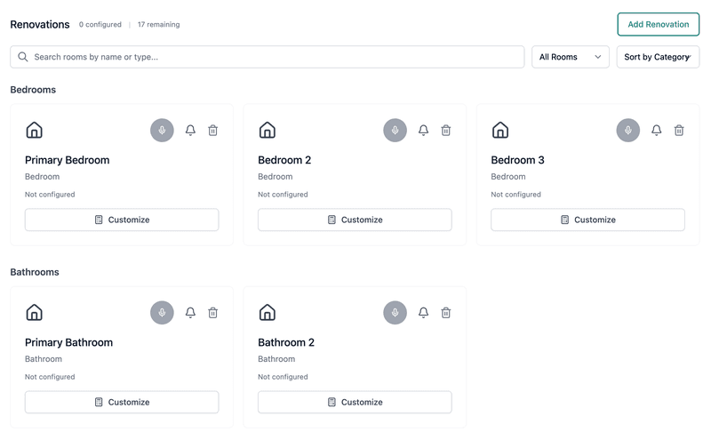 list of renovation rooms from a SaaS tool