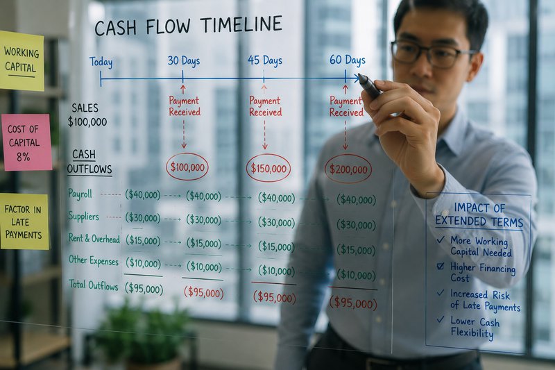 Finance professional modeling the cash flow impact of Net-30, Net-45, and Net-60 payment terms