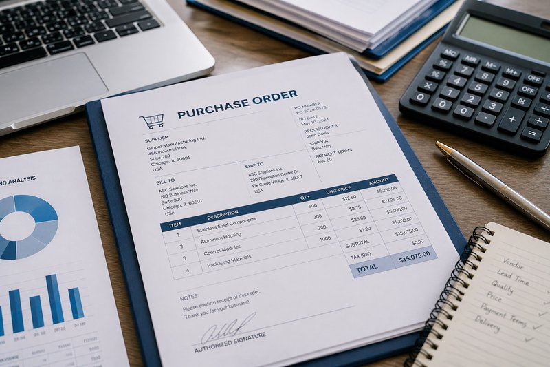 Business purchase order reviewed for B2B purchase order financing