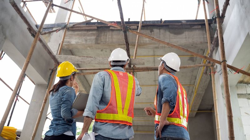 Construction workers looking up at an unfinished concrete structure to inspect the framing for Fire Barriers.