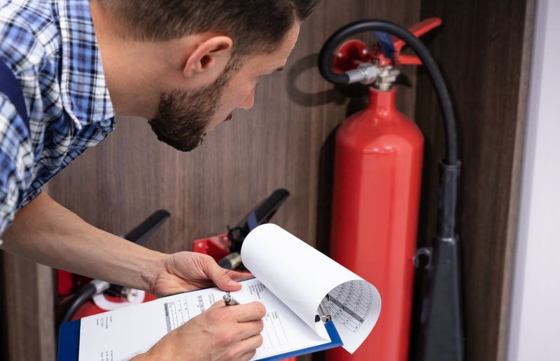 fire code compliance consulting coordinator checking fire extinguisher