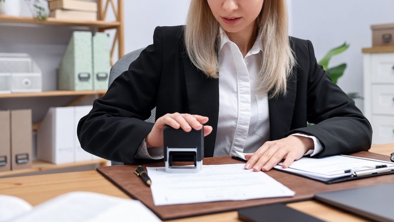 A person stamping an official document to secure Building Permits in NYC.