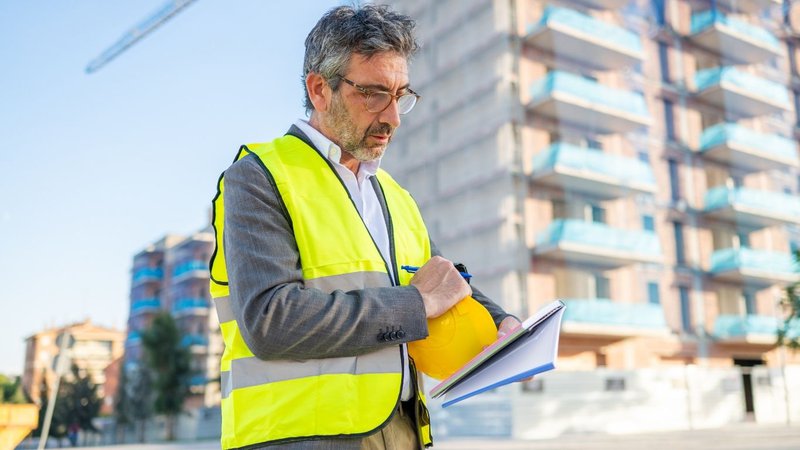A construction manager writing on a clipboard to complete Pre-Construction Due Diligence.