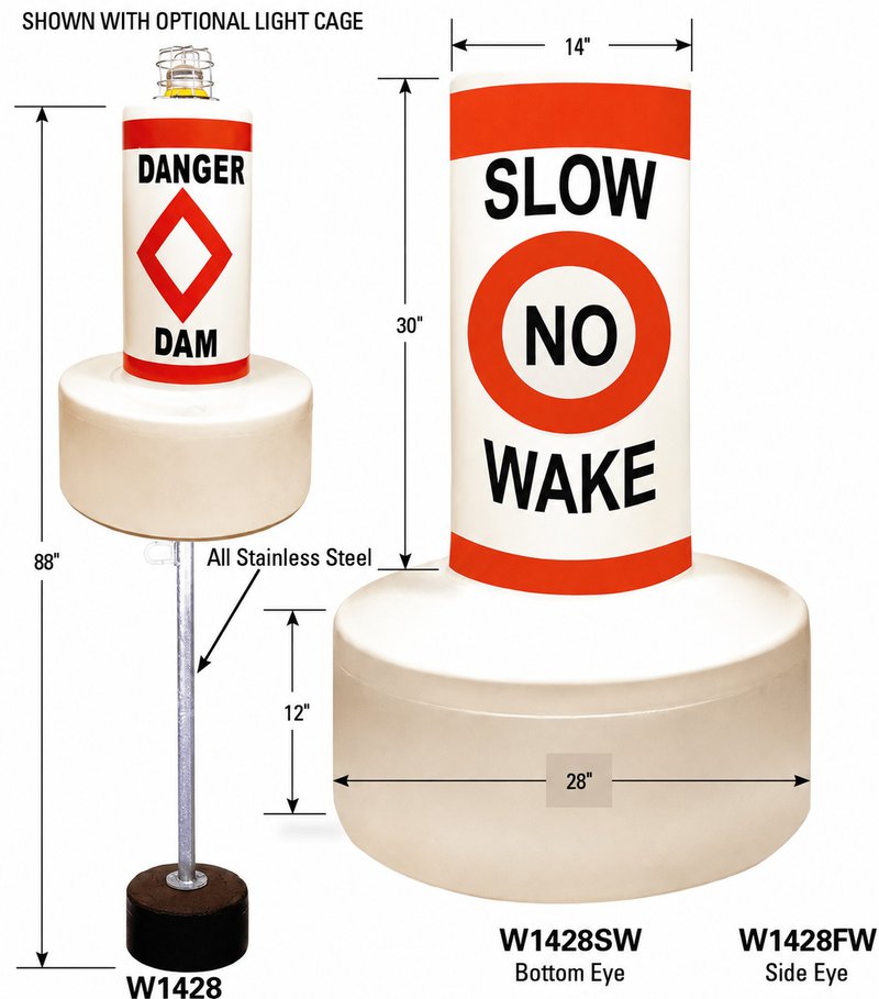 Technical diagram of aids to navigation labeled “Danger Dam” and “Slow No Wake,” with dimensions, an optional light cage, stainless steel pole, and mounting options.