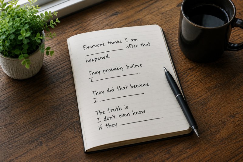 a notebook with a pen, coffee, and a plant.