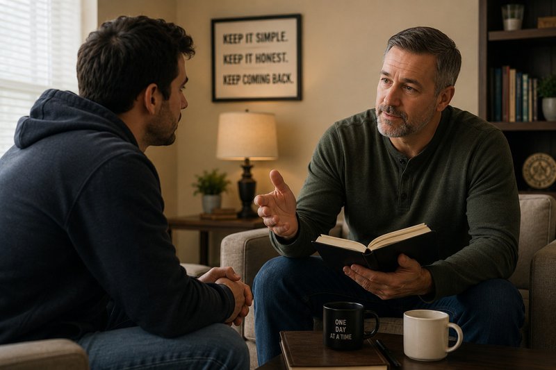 two men talking about early recovery