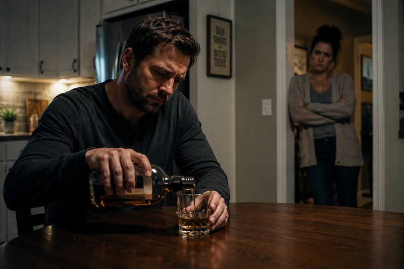 man poring a drink with an unhappy woman looking 