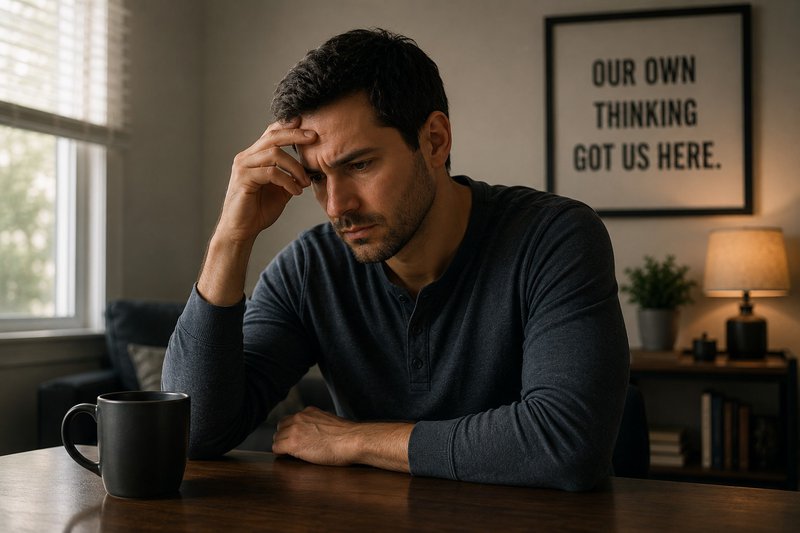 A man in early recovery sitting and in deep thought