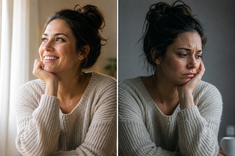 woman happy on the left and unhappy on the right