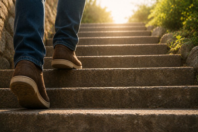 Feet walking up stairs into a sunrise in early recovery