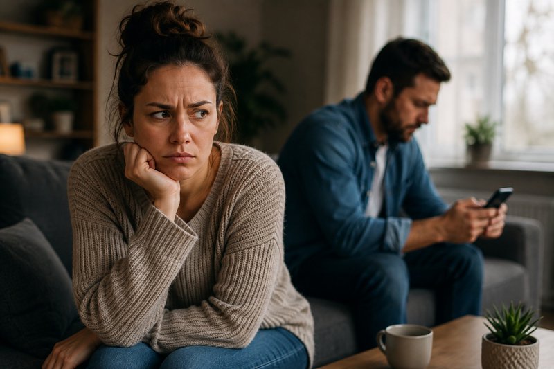 a woman sitting on one end of a sofa in thought while a man sits opposite side side texting
