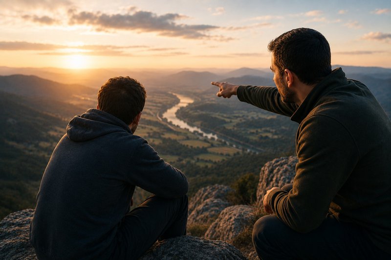 two guys sitting on a mountain looking out into the sunset