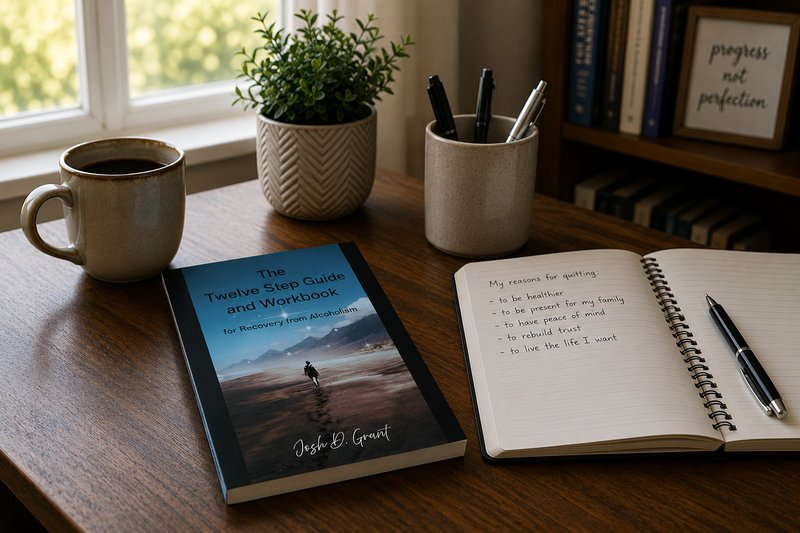 open recovery workbook and notebook on a quiet morning table