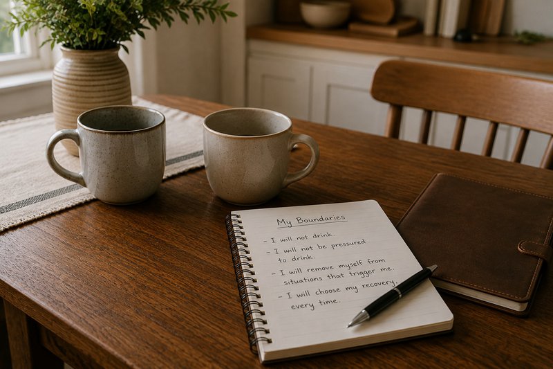 journal with written recovery boundaries on a kitchen table