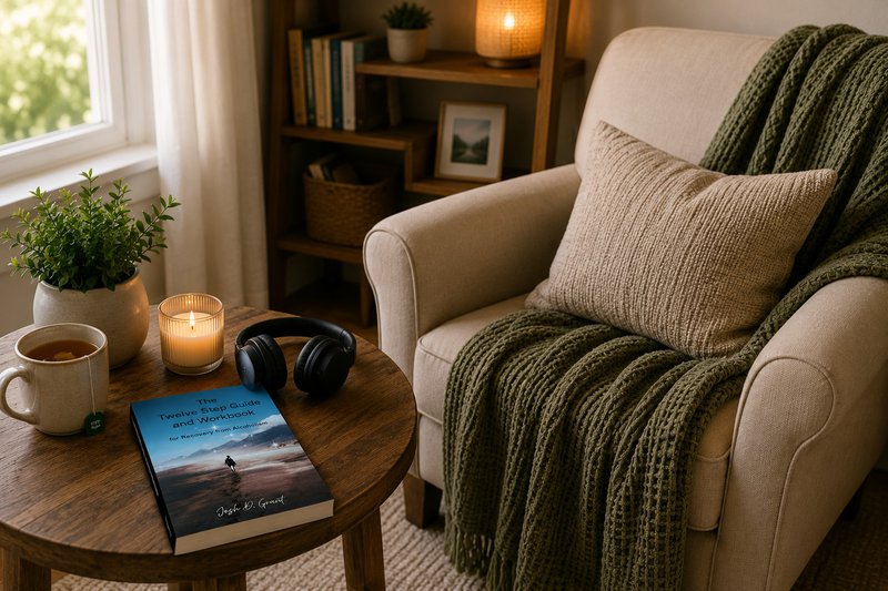 comfortable alcohol-free relaxation space with a book and coffee