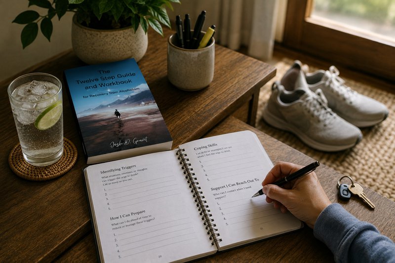 hands completing a recovery workbook beside a nonalcoholic drink