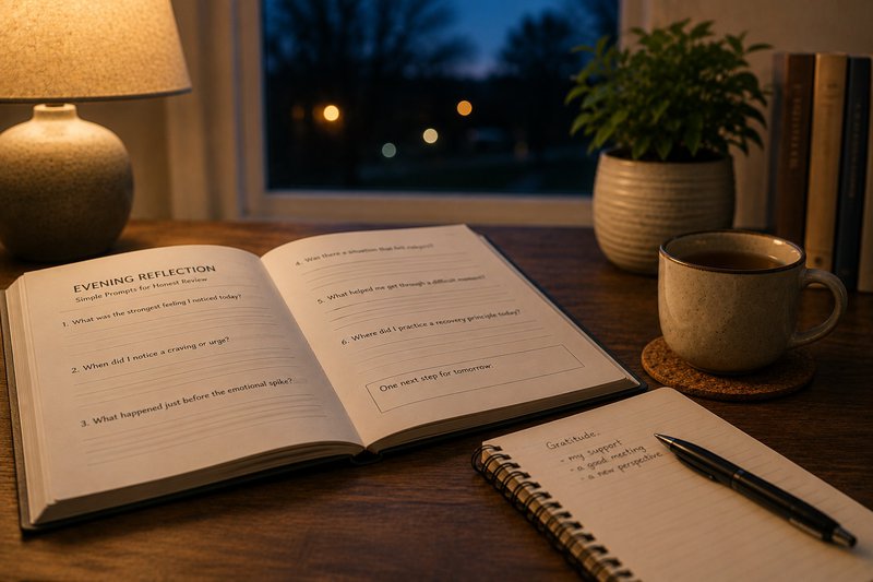 open recovery workbook and notebook on a calm evening table