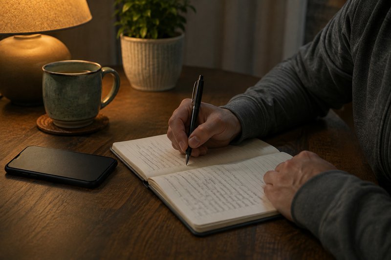 hands writing a short evening recovery reflection in a notework
