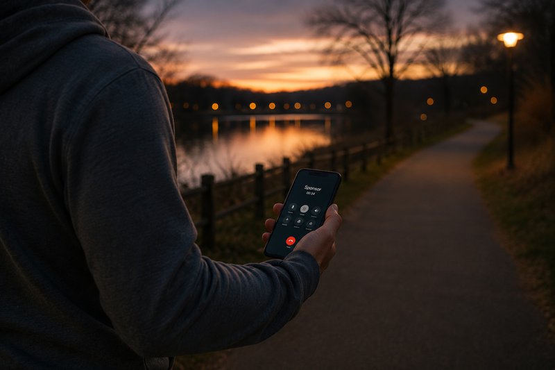 person using phone for recovery support during an evening walk