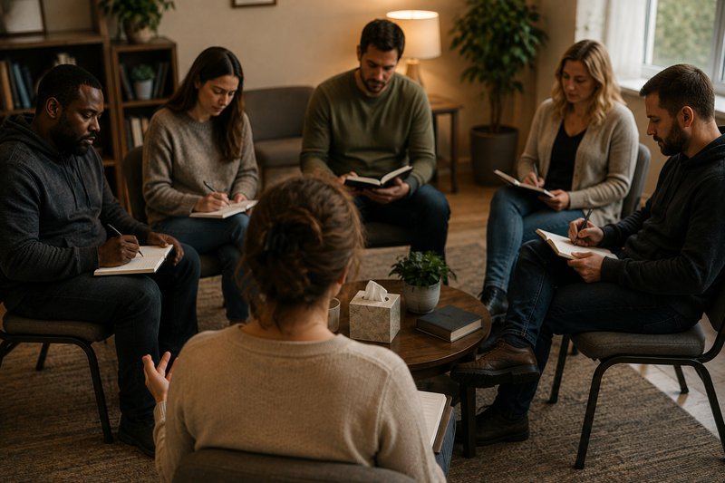 small recovery support group using reflection prompts in a quiet room